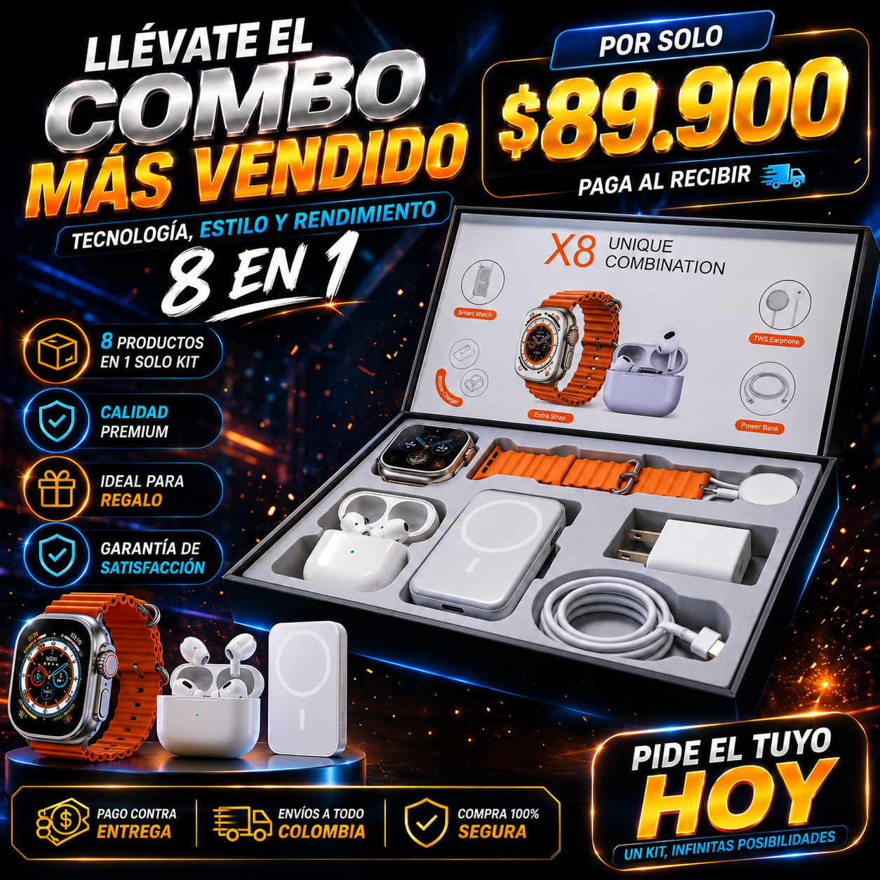 Smartwatch + Audífonos + Power Bank ¡Todo Incluido!