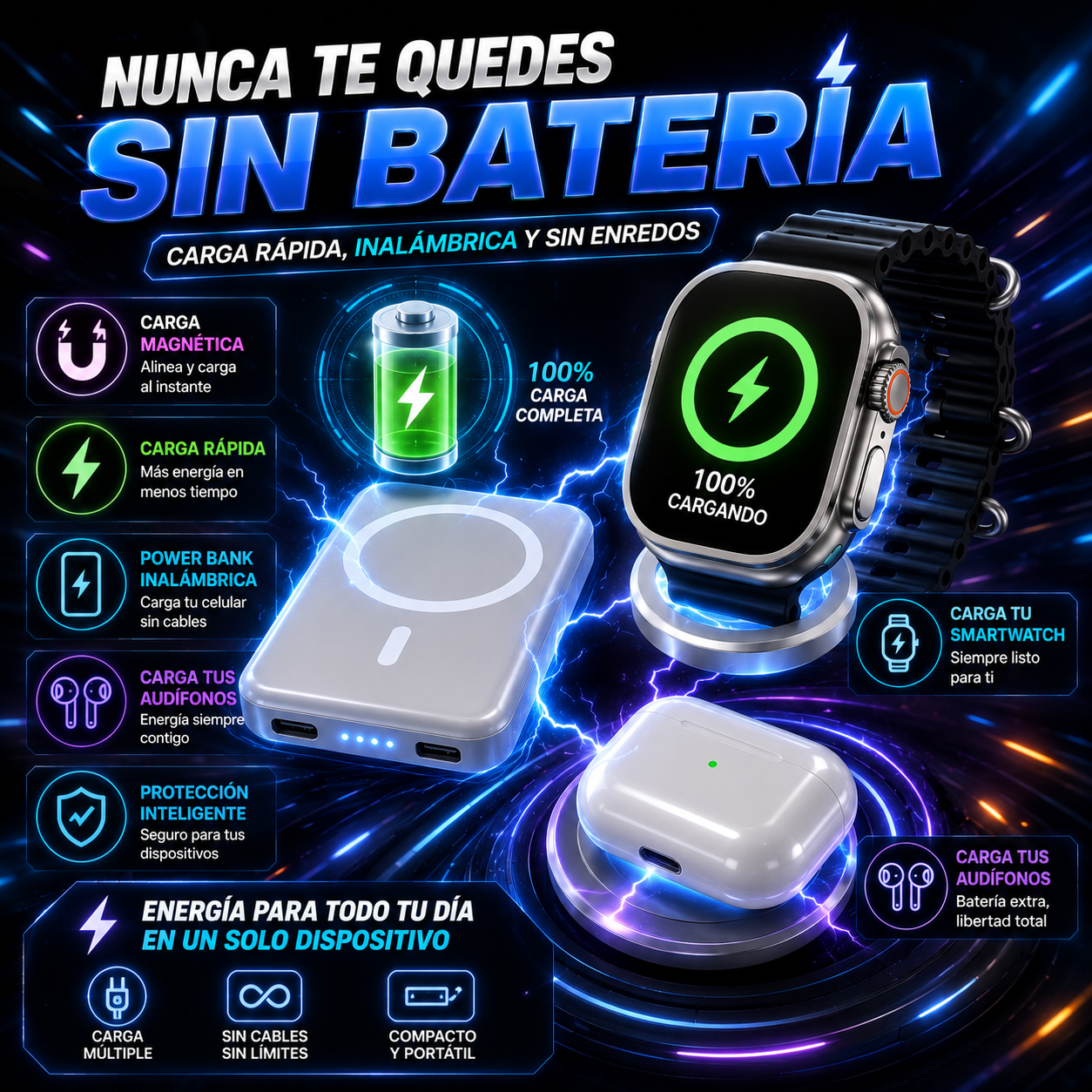 Smartwatch + Audífonos + Power Bank ¡Todo Incluido!
