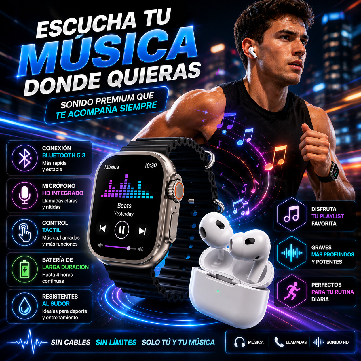 Smartwatch + Audífonos + Power Bank ¡Todo Incluido!