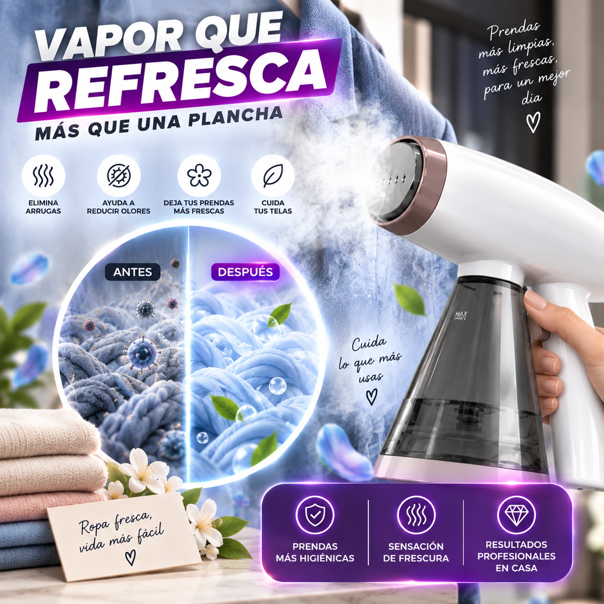 Plancha a vapor vertical en uso sobre una prenda