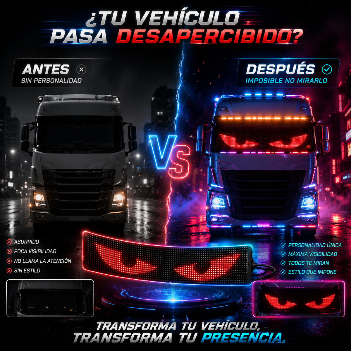 Comparación de vehículo antes y después de usar una pantalla LED